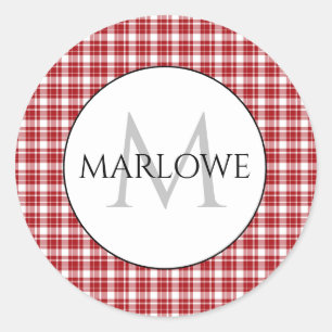Red White Checks Play Monogram Runt Klistermärke