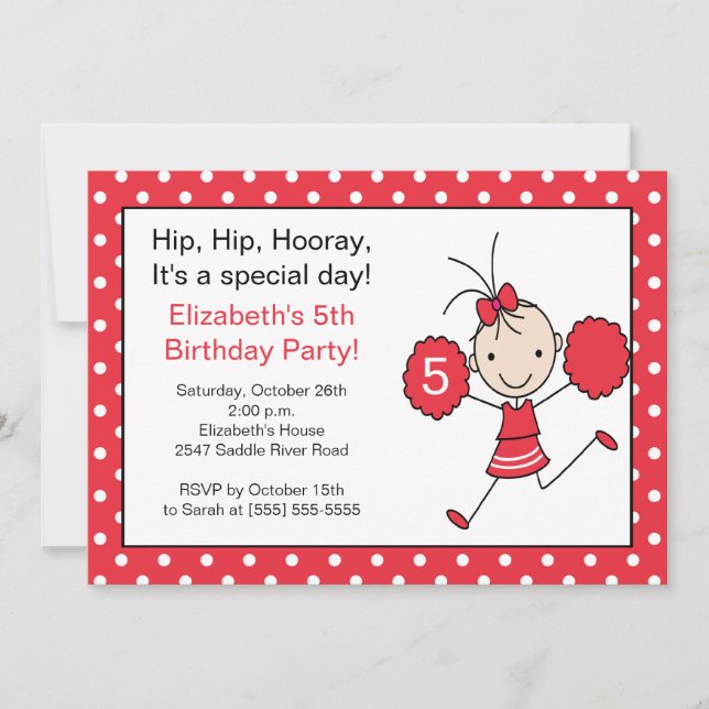 Red & White Cheerleader Cheer Birthday-inbjudan Inbjudningar (Framsida)