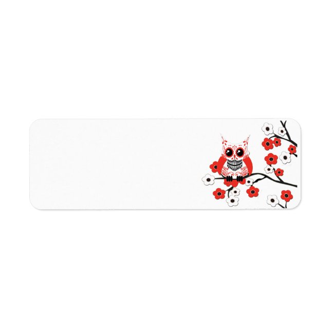 Red White Cherry Blommar Uggla-etikett Returadress Etikett (Framsidan)