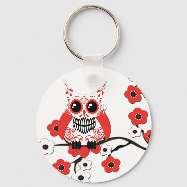 Red White Cherry Blommar Uggla Keychain Nyckelring (Framsida)