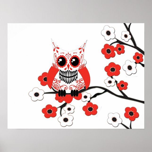 Red White Cherry Blommar Uggla Poster (Framsidan)