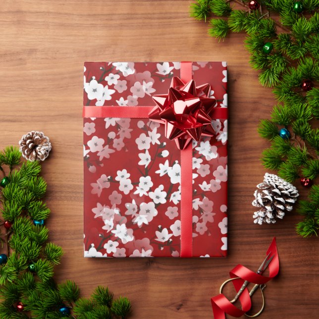 Red White Cherry Blommars Blommönster  Presentpapper (Julgåva)