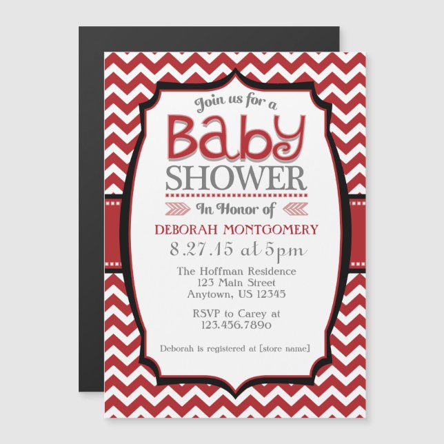 Red White Chevron Magnetic Baby Shower Inbjudan Magnetisk Inbjudningskort (Fram/baksida)