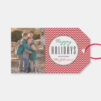 Red & White Chevron Personlig Julafton Photo Presentetikett
