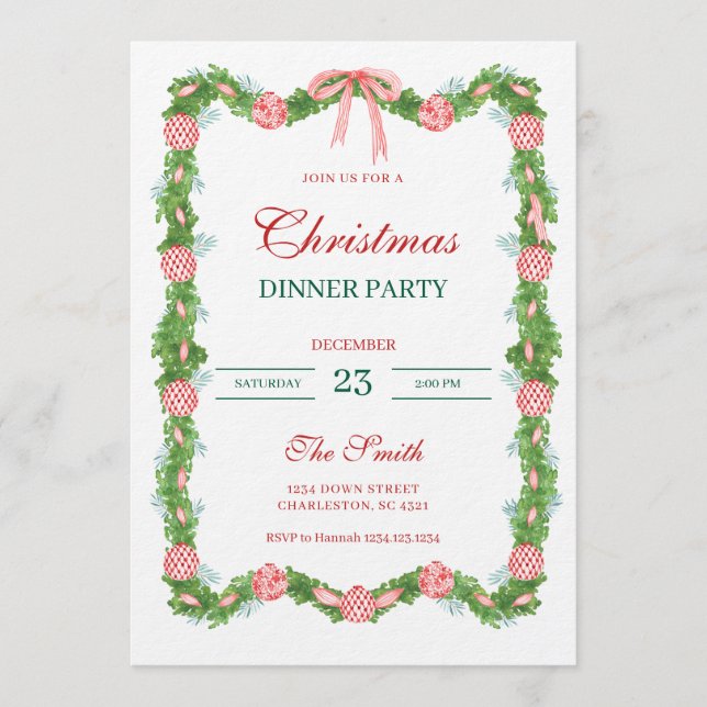 Red & White Chinoiserie Garland Grandmillennial Inbjudningar (Framsida)