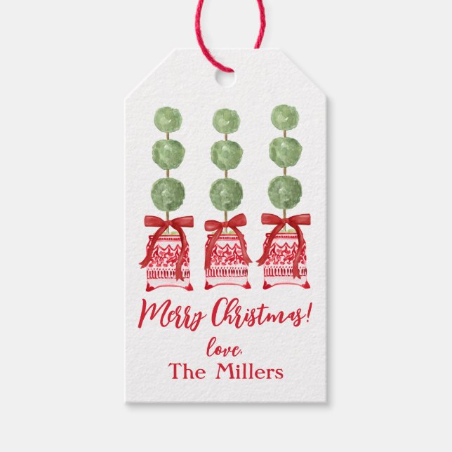 Red & White Chinoiserie Topiary Jul Presentetikett (Framsidan)