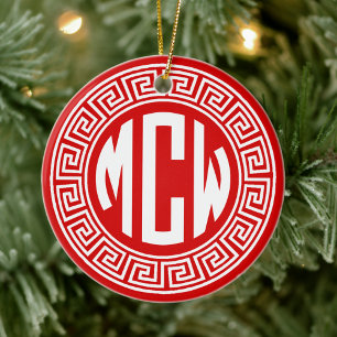 Red White Circle Monogram Font Grekiska Nyckel Ram Julgransprydnad Keramik