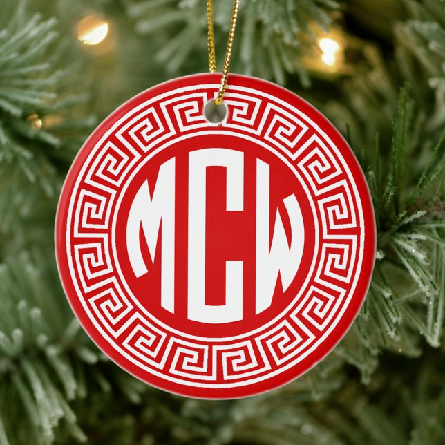 Red White Circle Monogram Font Grekiska Nyckel Ram Julgransprydnad Keramik (Skapare uppladdad)