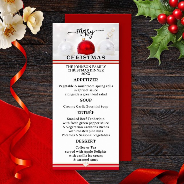 Red White Classic Festive-julmeny Meny (Classic Christmas menu card featuring an elegant design with Christmas baubles on snow white)