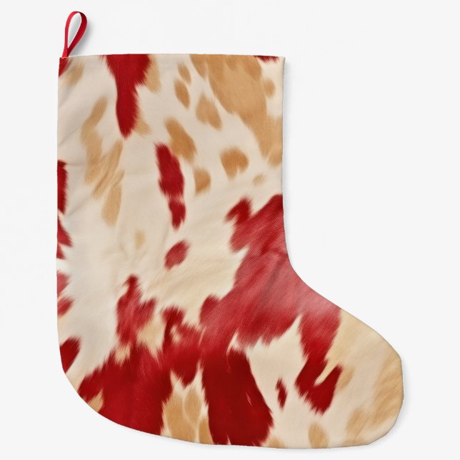Red White Cream Western Cowhide Cowgirl Stor Julstrumpa (Framsidan)