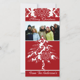 Red & White Damask Gräs Helgdag Family Bilder Julkort