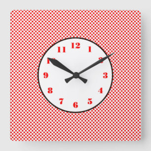 Red White Dots Black Trim Fyrkantig Klocka