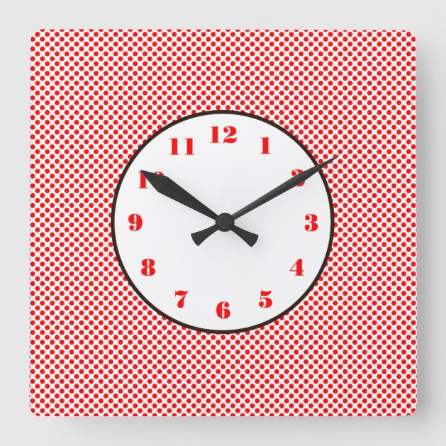 Red White Dots Black Trim Fyrkantig Klocka (Framsida)