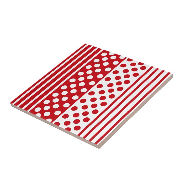 Red White Dots Stripe Ceramic Tile - dina färger Kakelplatta (Sidan)
