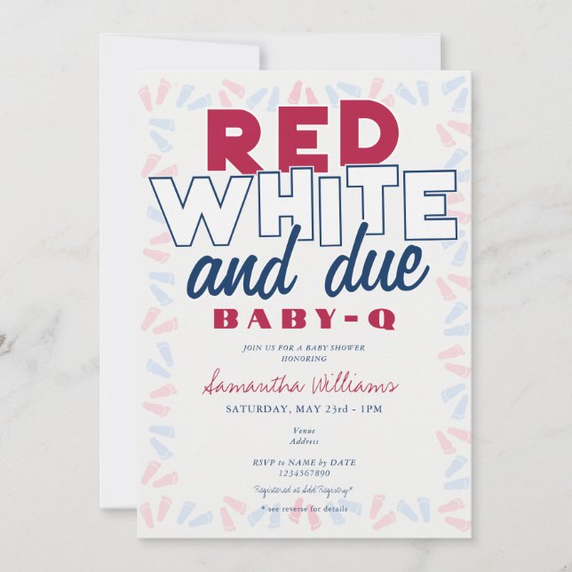 Red White & due BABY-Q BBQ 4:e juli Baby Shower Inbjudningar (Framsida)