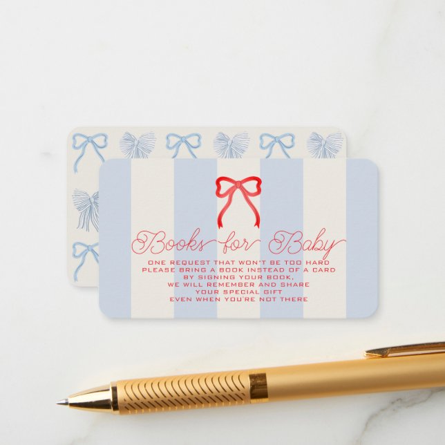 Red White & Due Bow Blue Stripes Baby Book Request Tilläggskort (Fram/Back In Situ)