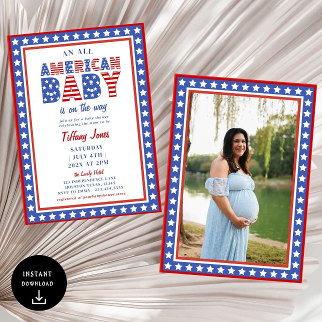 Red White & due Stars 4:e juli Baby Shower Inbjudningar (Skapare uppladdad)