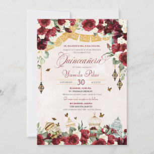 Red White Elegant Blommigt Butterfly Quinceanera V Inbjudningar