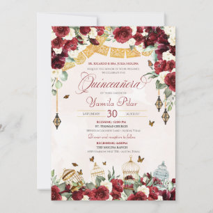 Red White Elegant Blommigt Butterfly Quinceanera V Inbjudningar