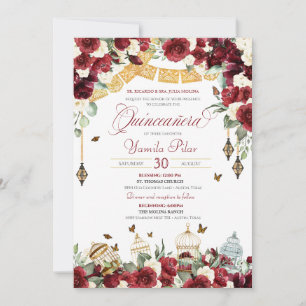Red White Elegant Blommigt Butterfly Quinceanera V Inbjudningar
