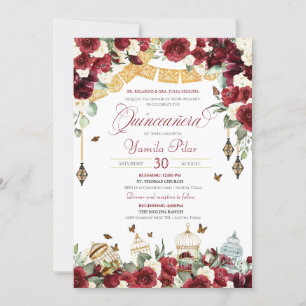Red White Elegant Blommigt Butterfly Quinceanera V Inbjudningar