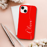 Red White Elegant Calligraphy Script Namn<br><div class="desc">Red White Elegant Calligraphy Script Anpassningsbar Personlig Namn iPhone 14 Smart Phone Case har en modern och enkel design för trendig och snyggt med personlig namn i elegant-handskriven calligraphy-skripttypografi på röd bakgrund. Designad av ©Evco Studio www.zazzle.com/store/evcostudio</div>