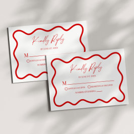 Red White Elegant Wavy Border Wedding RSVP Card OSA Kort