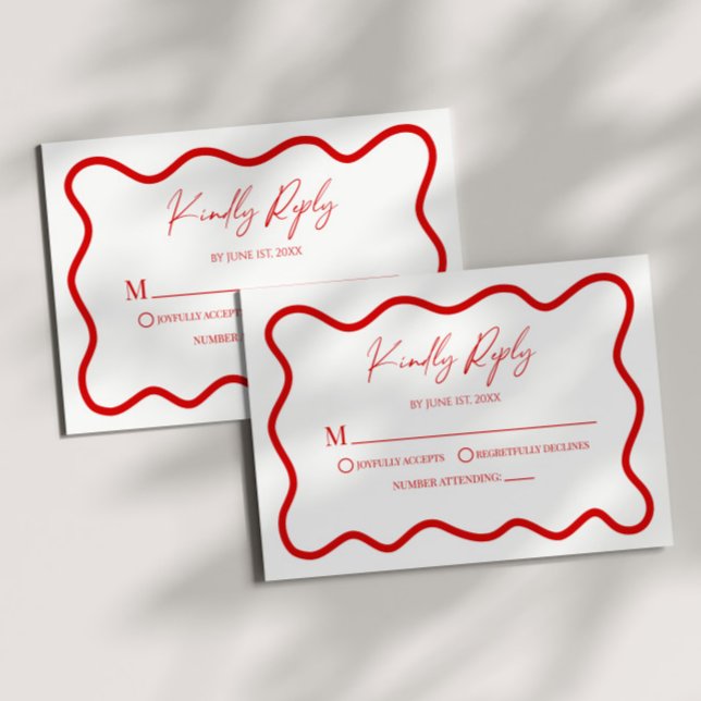 Red White Elegant Wavy Border Wedding RSVP Card OSA Kort (Skapare uppladdad)