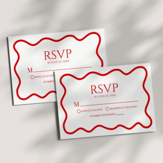 Red White Elegant Wavy Border Wedding RSVP Card OSA Kort (Skapare uppladdad)