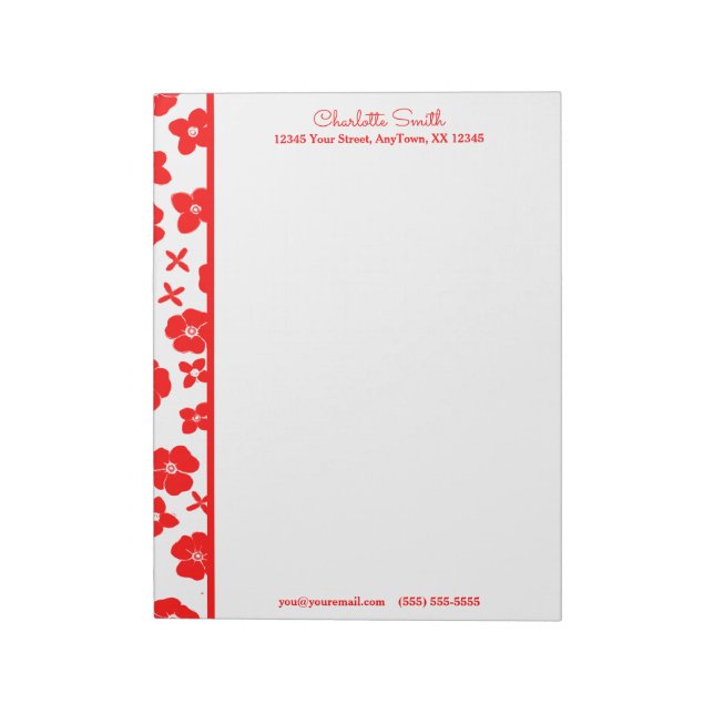 Red & White Flower Gräns Personlig Letterhead Anteckningsblock (Roterad)