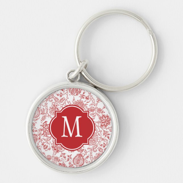 Red & White Flower Mönster Monogram Rund Silverfärgad Nyckelring (Framsidan)