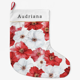Red White Flowers Christmas Stor Julstrumpa