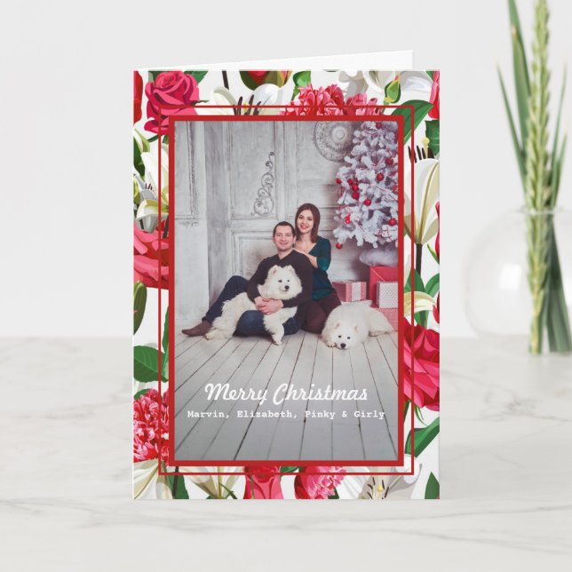 Red White Flowers Family Photo God jul Kort (Framsida)