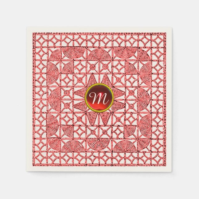 RED WHITE GEOMETRIC SNÖRE GEM STONE MONOGRAM PAPPERSSERVETT (Framsidan)