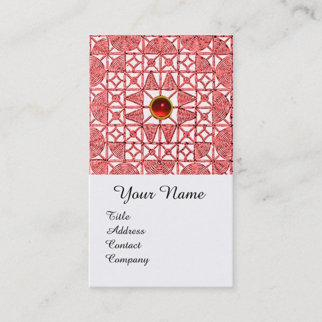 RED WHITE GEOMETRIC SNÖRE RUBY GEMSTONE MONOGRAM VISITKORT (Framsida)