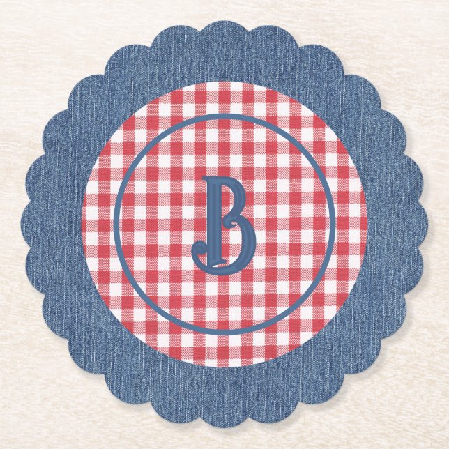 Red & White Gingham, Blue Denim Print, Initial (6) Underlägg Papper (Framsida)