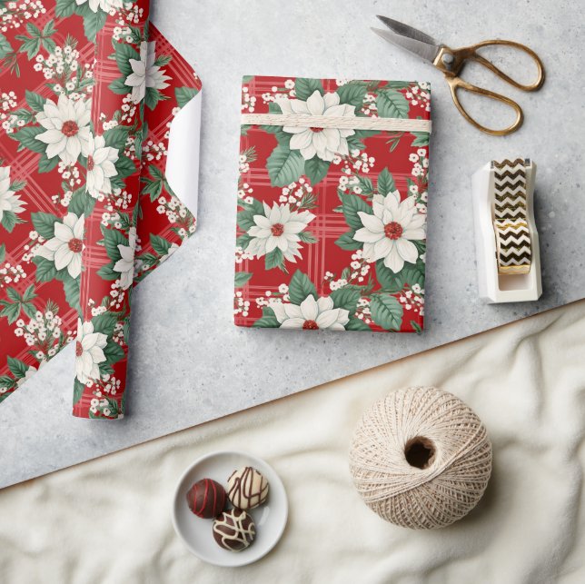 Red White Gingham Check Blommigt Poinsettia Mönste Presentpapper (Hantverk)
