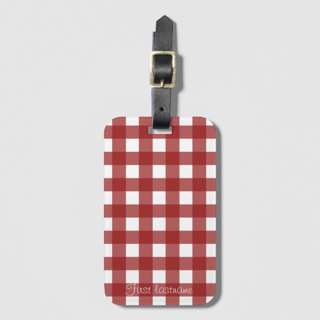 Red White Gingham Check Play Bagagebricka (Framsida vertikal)