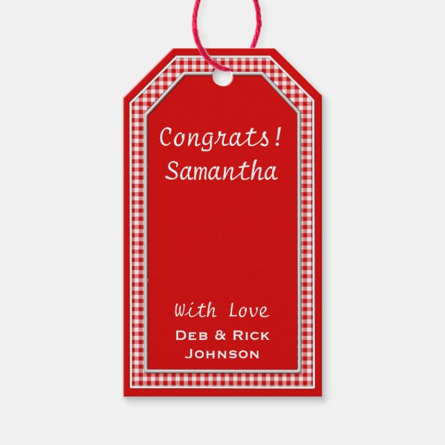 Red-White Gingham-HANG MÄRKRE TEMPLATE Presentetikett (Framsidan)