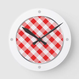 Red & White Gingham Mönster Wall Clock Rund Klocka