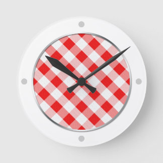 Red & White Gingham Mönster Wall Clock Rund Klocka