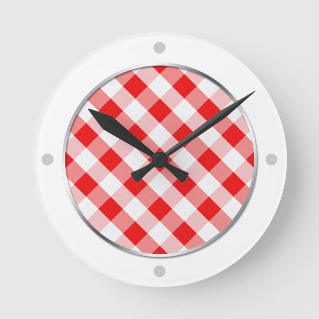 Red & White Gingham Mönster Wall Clock Rund Klocka (Framsida)