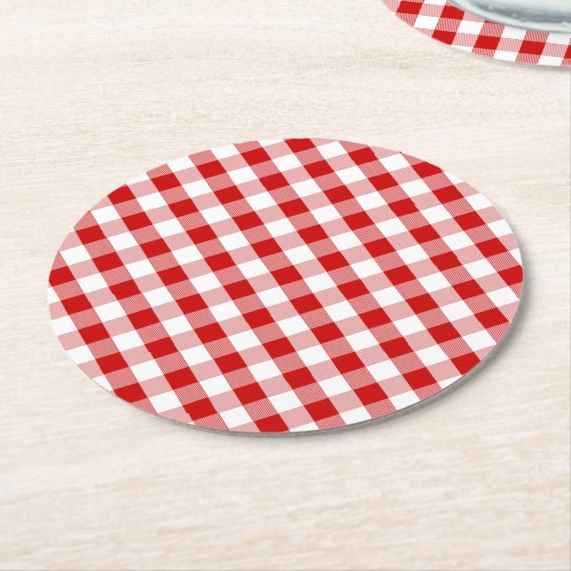 Red & White Gingham Play Checks Rustic Bröllop Underlägg Papper Rund (Vinklad)