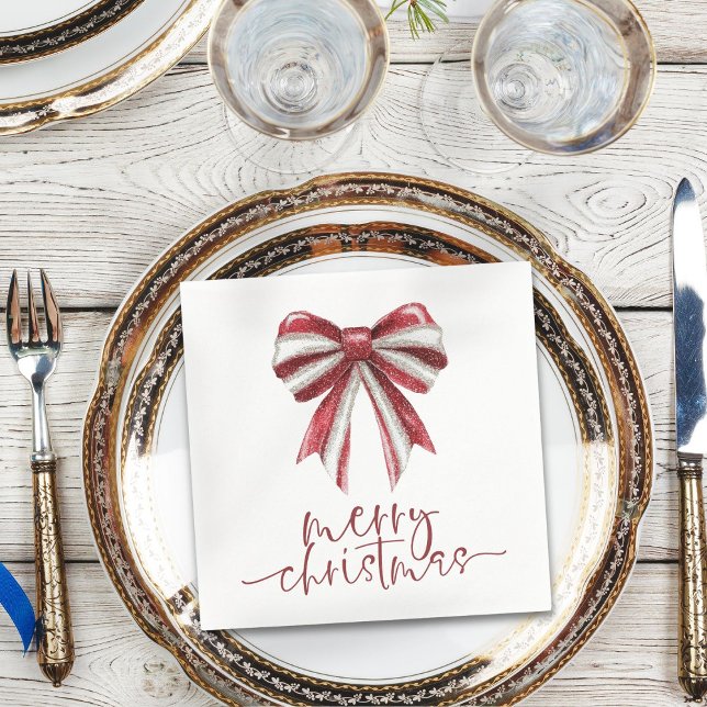 Red White Glitter Bow God jul Pappersservett (Skapare uppladdad)