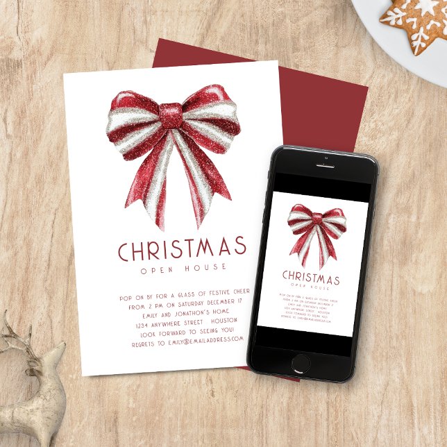 Red White Glitter Bow Open House-jul Inbjudningar (Available digitally and printed)
