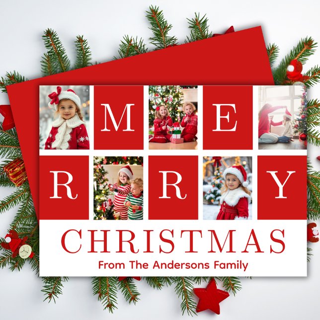 Red & White God jul 5 Photo Collage Julkort (Red & White Merry Christmas 5 Photo Collage Holiday Card)