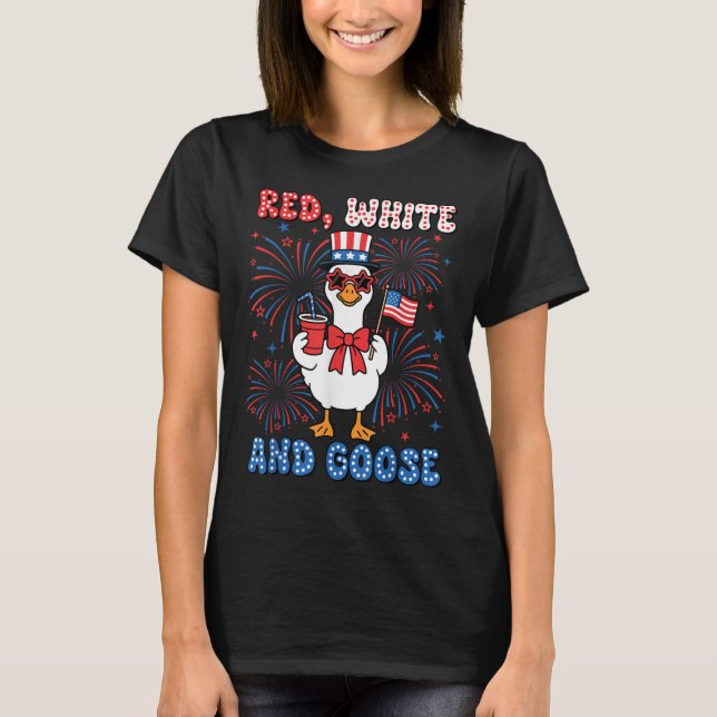 Red White Goose America Goose 4:e juli US Flagga T Shirt (Framsida)