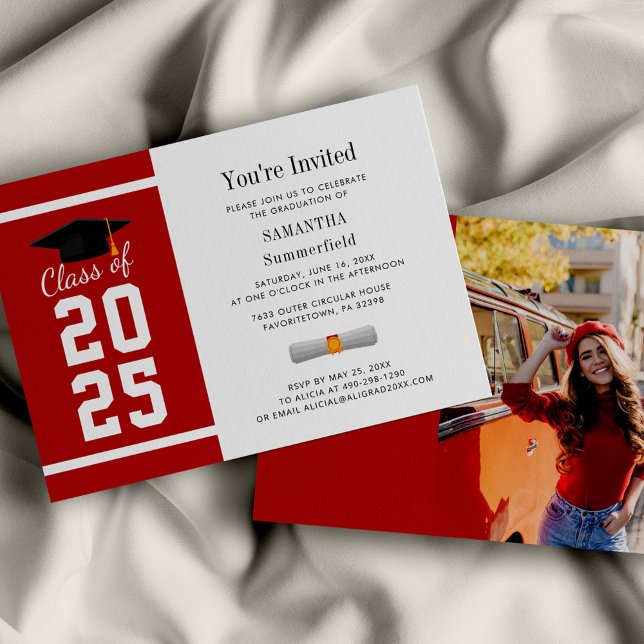 Red White Grad Photo Studenten 2025 Inbjudningar (Graduation 2025 Photo Red and White Party Invitation)