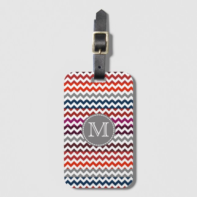 Red White Grått Chevron Zigzag Monogram Bagagebricka (Framsida vertikal)