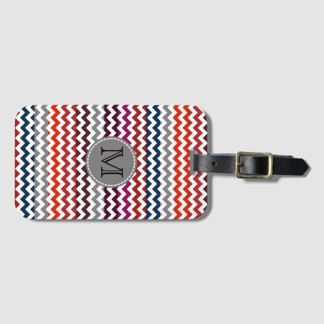 Red White Grått Chevron Zigzag Monogram Bagagebricka (Framsida horisontal)